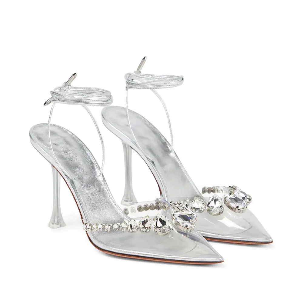 

2023 Transparent High Heels Silver Diamond Sandals Slim Heels Ankle Strap Pointed Women's Shoes