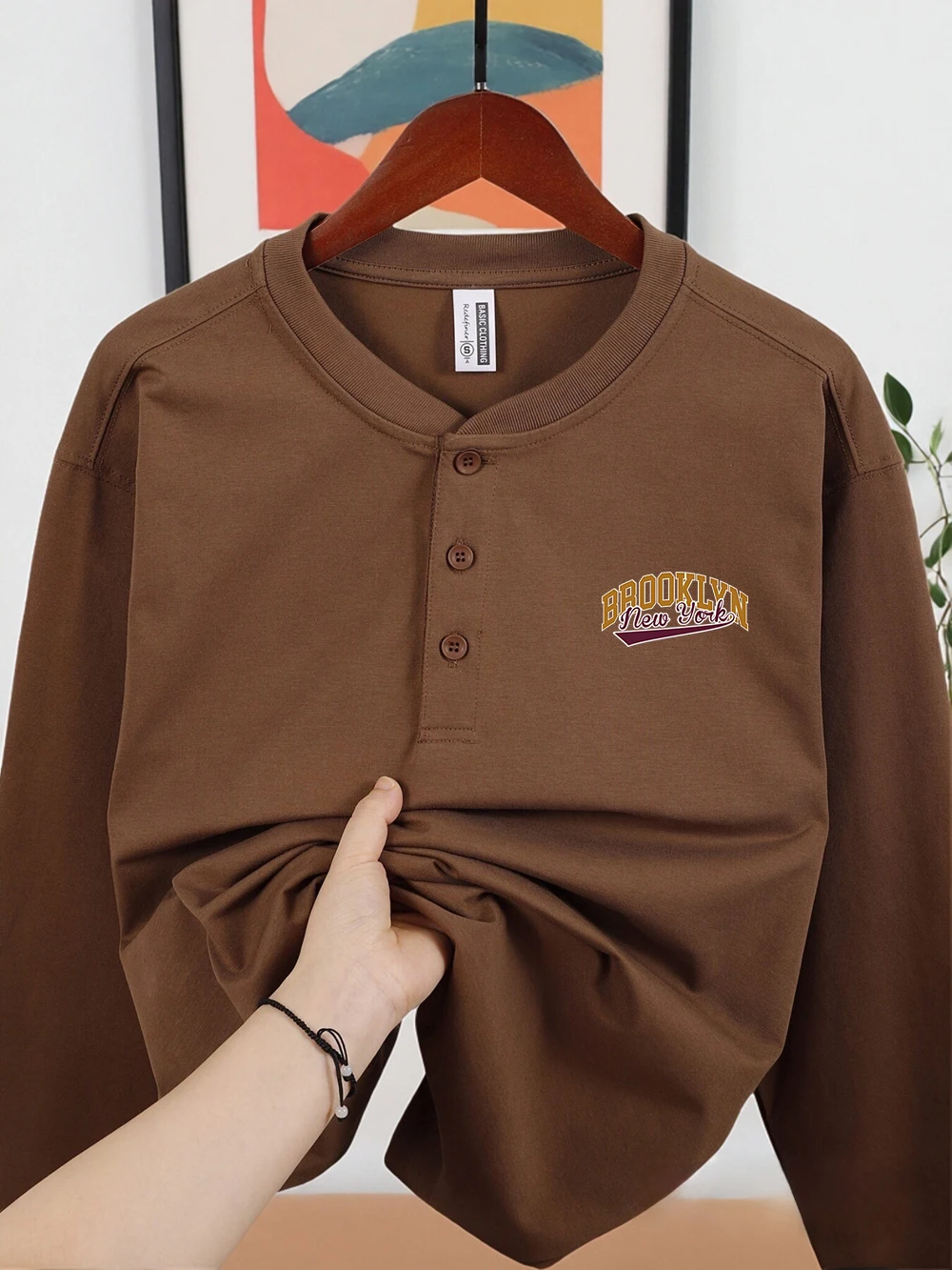 بروكلين نيويورك الولايات المتحدة الأمريكية إلكتروني الطباعة الرجال هينلي قميص القطن الخريف تنفس قمم فضفاضة الدافئة تي شيرت بأكمام طويلة رجالي #1