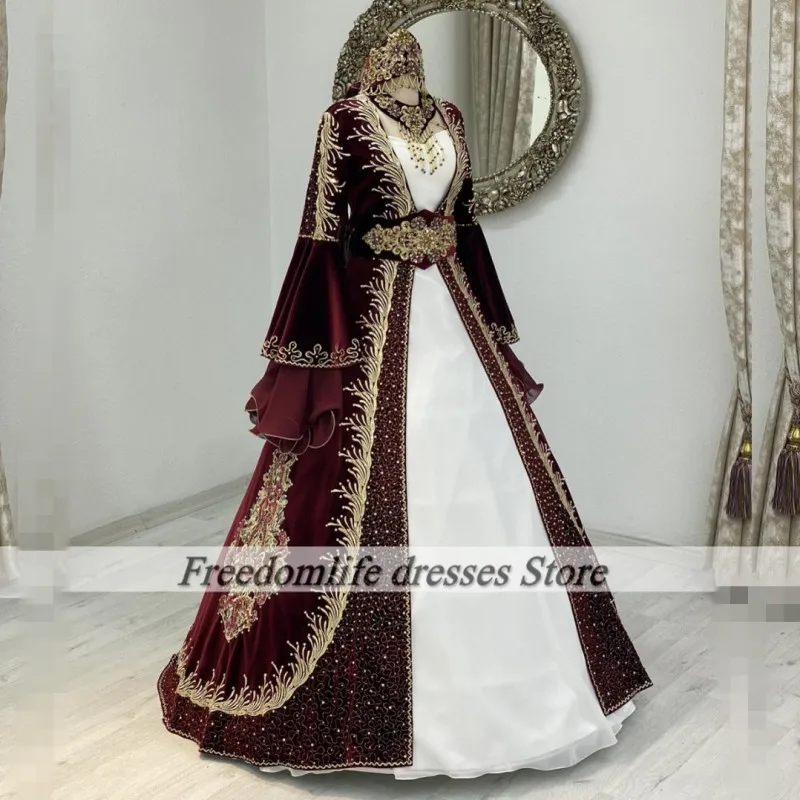 Moroccan Caftan A Line Evening Dresses Lace Applique Beading Burgundy Wedding Party Gowns Two Piece Formal Prom Dress Customized