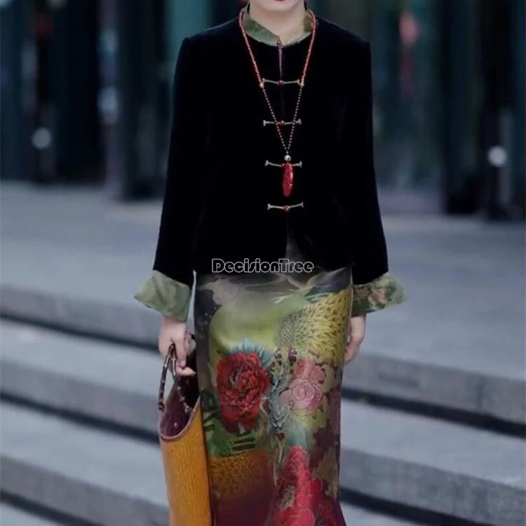 2024 new chinese style vintage thicken warm velvet set fashionable versatile tang suit coat ethnic characteristic printed skirt