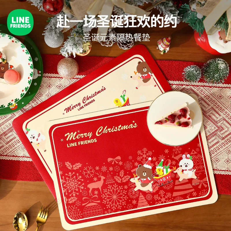 Line Friends Red Christmas Brown Dining Table Insulation Mat Anti-scalding Oil-proof Western Food Mat Home Leather Dish Mat Gift