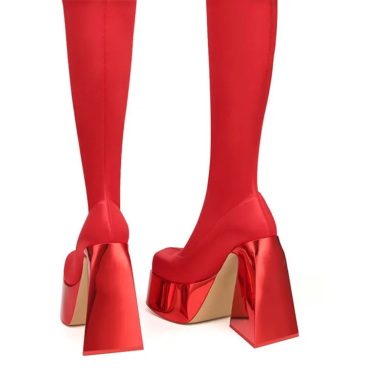 Silver Red Color Waterproof Platform Boots Ultra High Heel Square Head Fashion Women\'s Boots Steel Pipe Dance Stage Boots 35-43