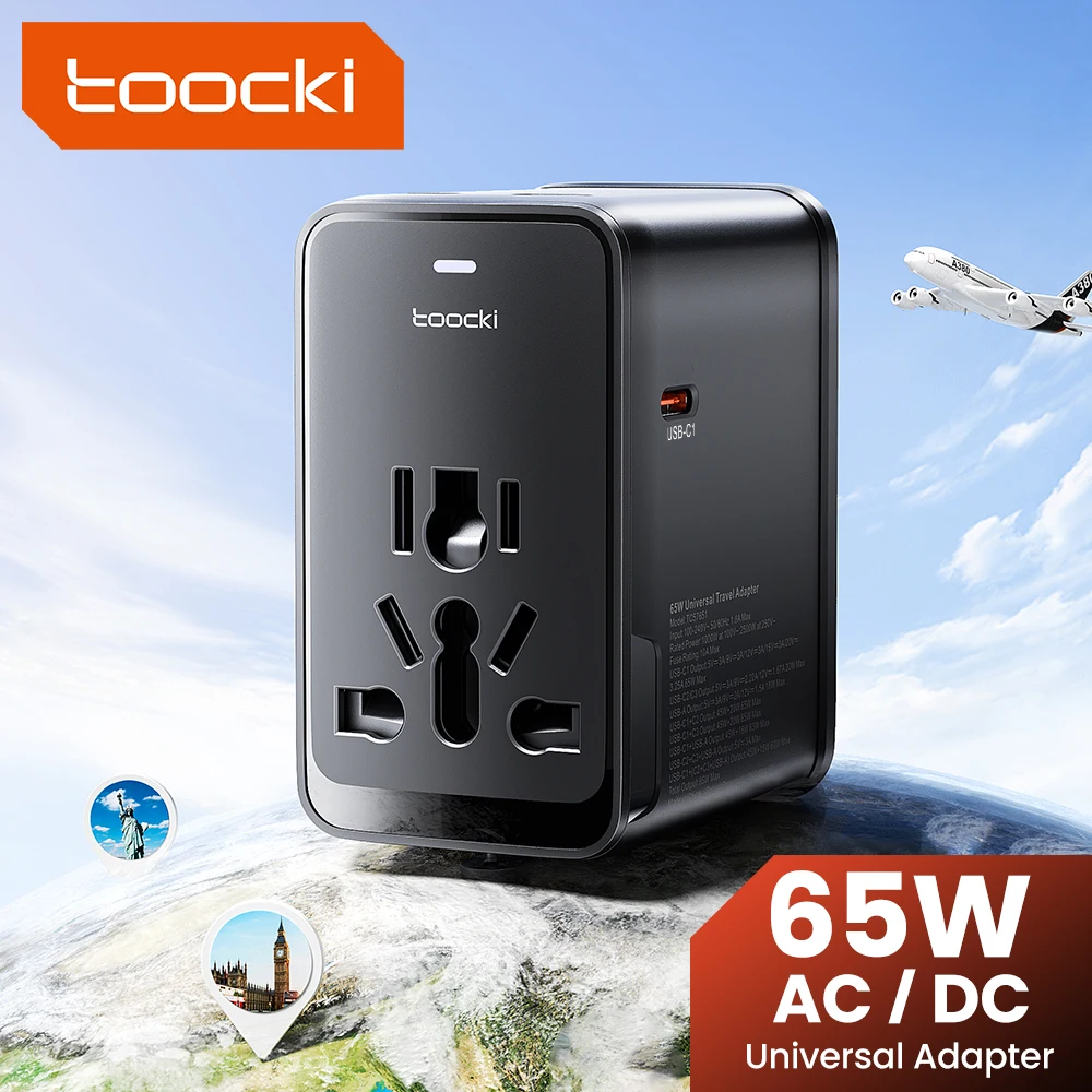 Toocki 65W Universal Travel Adapter with Retractable Plug LED Light Fast Charging GaN Charger USB Type-C EU/UK/US/AUS for Travel