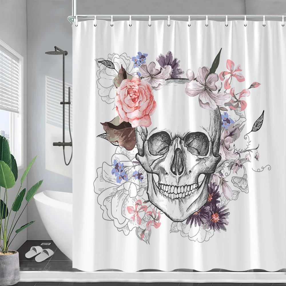 Floral Skull Shower Curtains Pink Flowers Skeleton Watercolour Art Funny Halloween Bath Curtain Fabric Bathroom Decor with Hooks