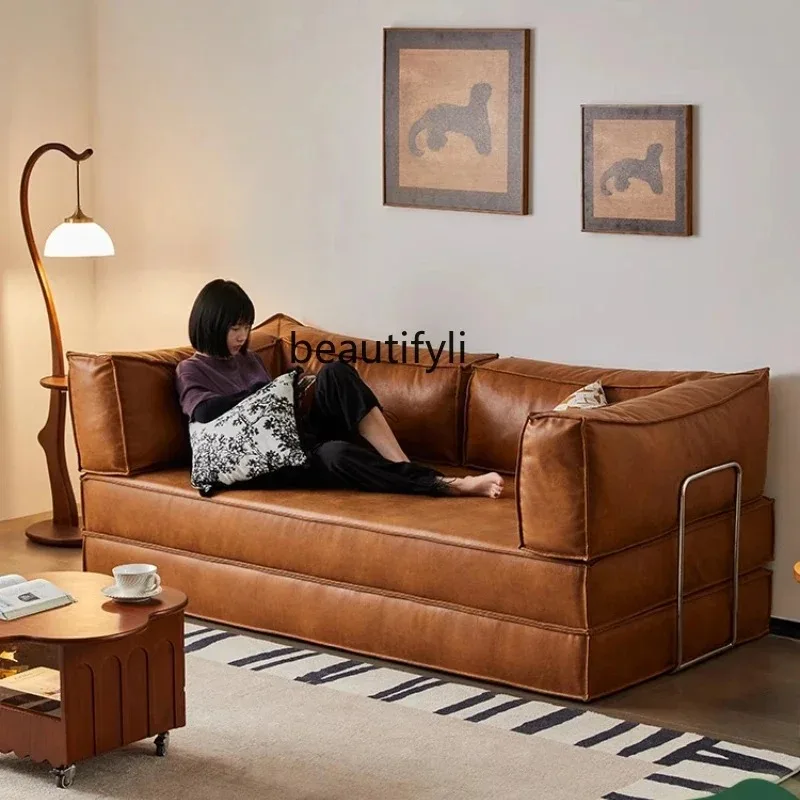 French Retro Sofa Bed Small Apartment Living Room Dual-Use New Oil Wax Cloth Ancient Style Module Sofa
