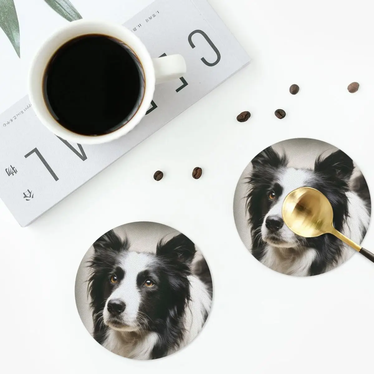 Working Border Collie Coasters PVC Leather Placemats Waterproof Coffee Mats for Home Kitchen Dining Pads Set of 6