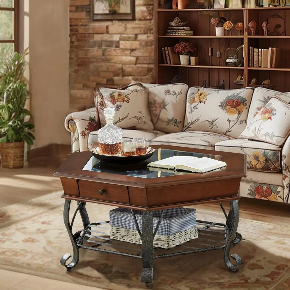 طاولة قهوة خشبية سداسية كلاسيكية مع سطح زجاجي، طاولة قهوة عتيقة من طبقتين مع درج وساق معدنية لغرفة المعيشة