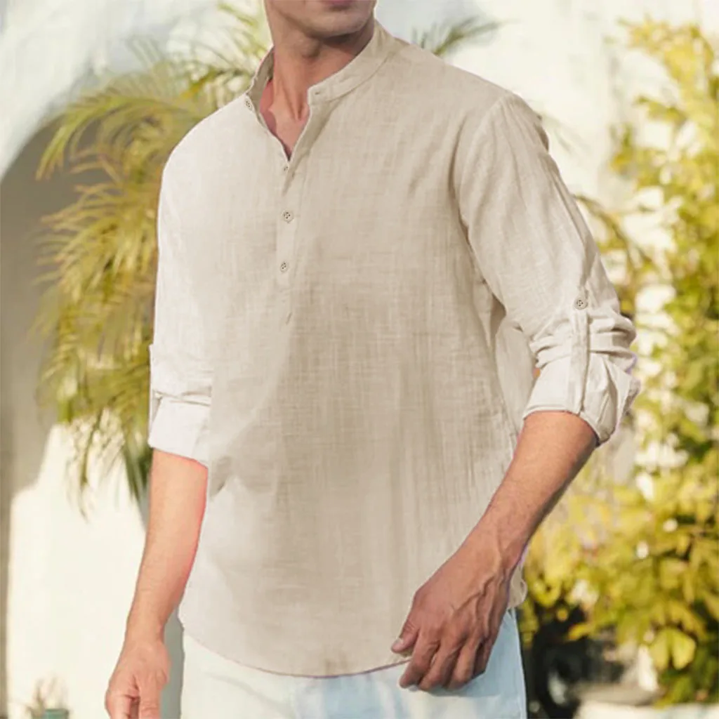 Men's Solid Color Cotton Linen Henley Neck Shirt Breathable Lightweight Beach Style Loose Fit Long Sleeve Casual Top with Sleeve Tab