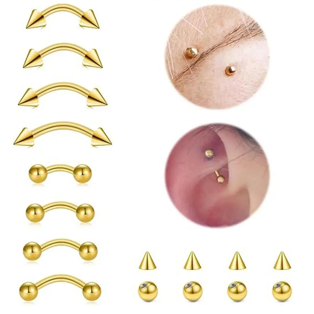 1/16Pcs Set Eyebrow Rings Piercing Jewelry Stainless Steel Curved Barbell Vertical Labret Lip Ear Rook Replacement Balls 3mm