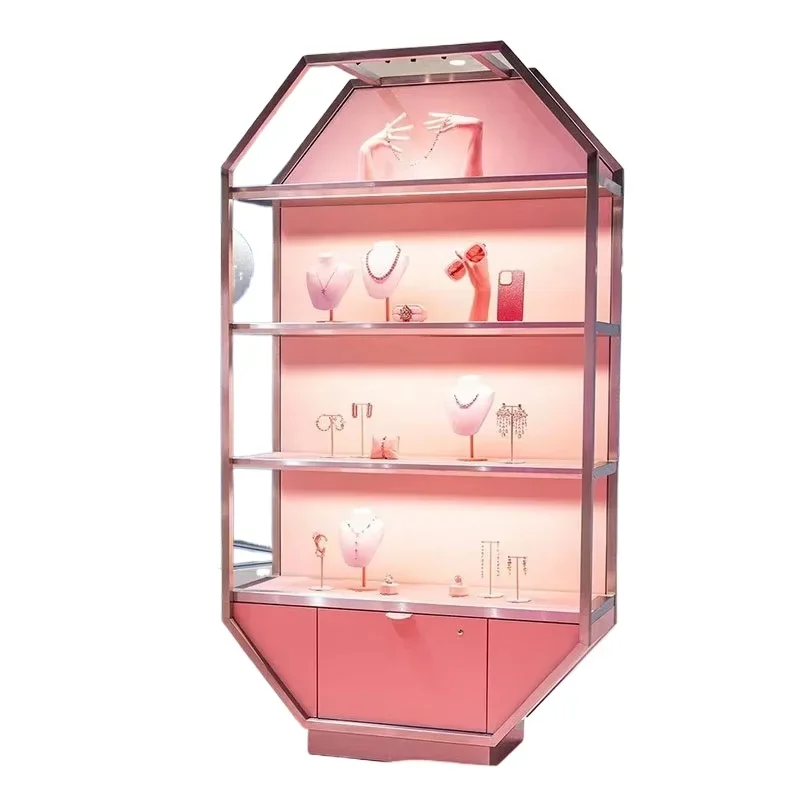 

Mobile Jewelry Display Stand Wood Stainless Steel Pink Jewelry Display Stand with Light Emitting Diode Light