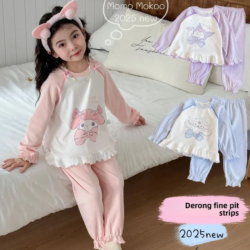 

Пижамы Sanrio Kuromi Cinnamoroll My Melody для девочек, весенне-зимний комплект из двух предметов, фланелевая домашняя одежда с длинными рукавами, милая детская одежда для сна