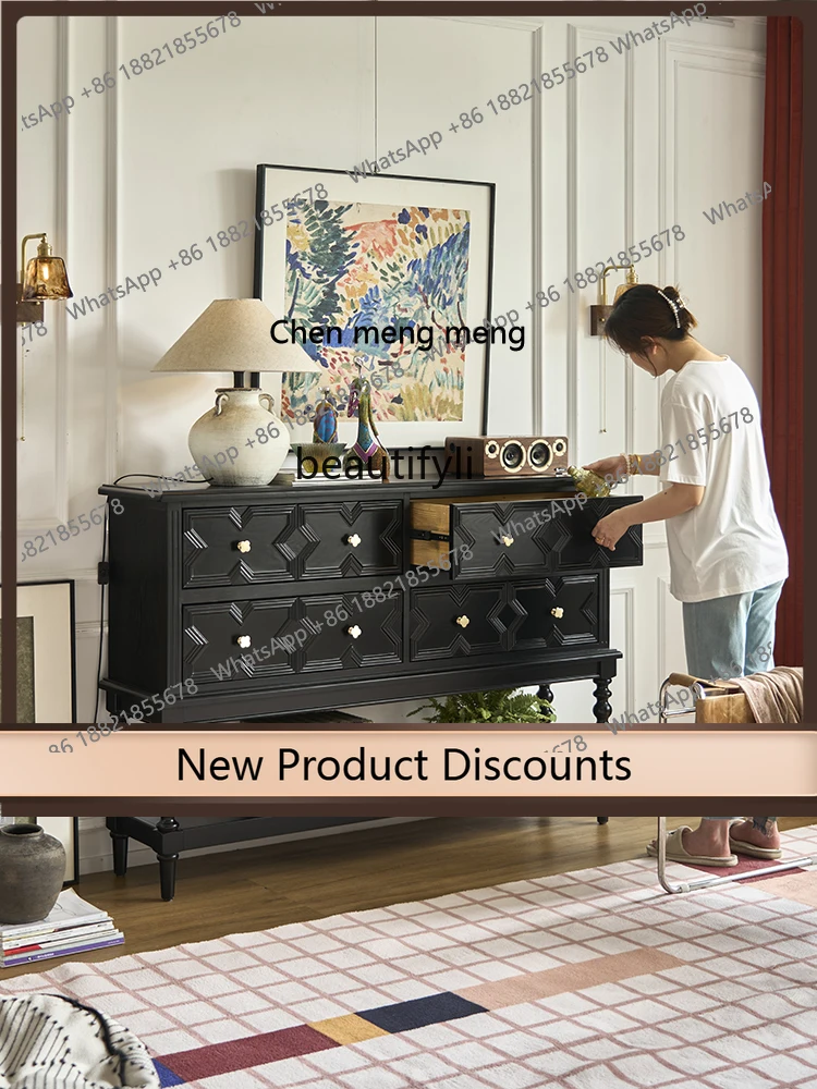 

French Style Black Solid Wood Entryway Cabinet Vintage Living Room Mid-century Chest of Drawers High-end Storage Cabinet H