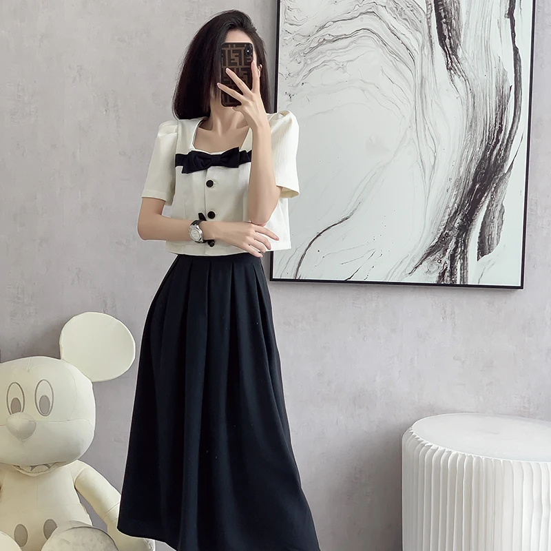 France Small Fragrant Summer Two Piece Set Women Elegant Square Collar Bow Crop Coat+Midi A Line Skirt Suit Ladys Office Outfits