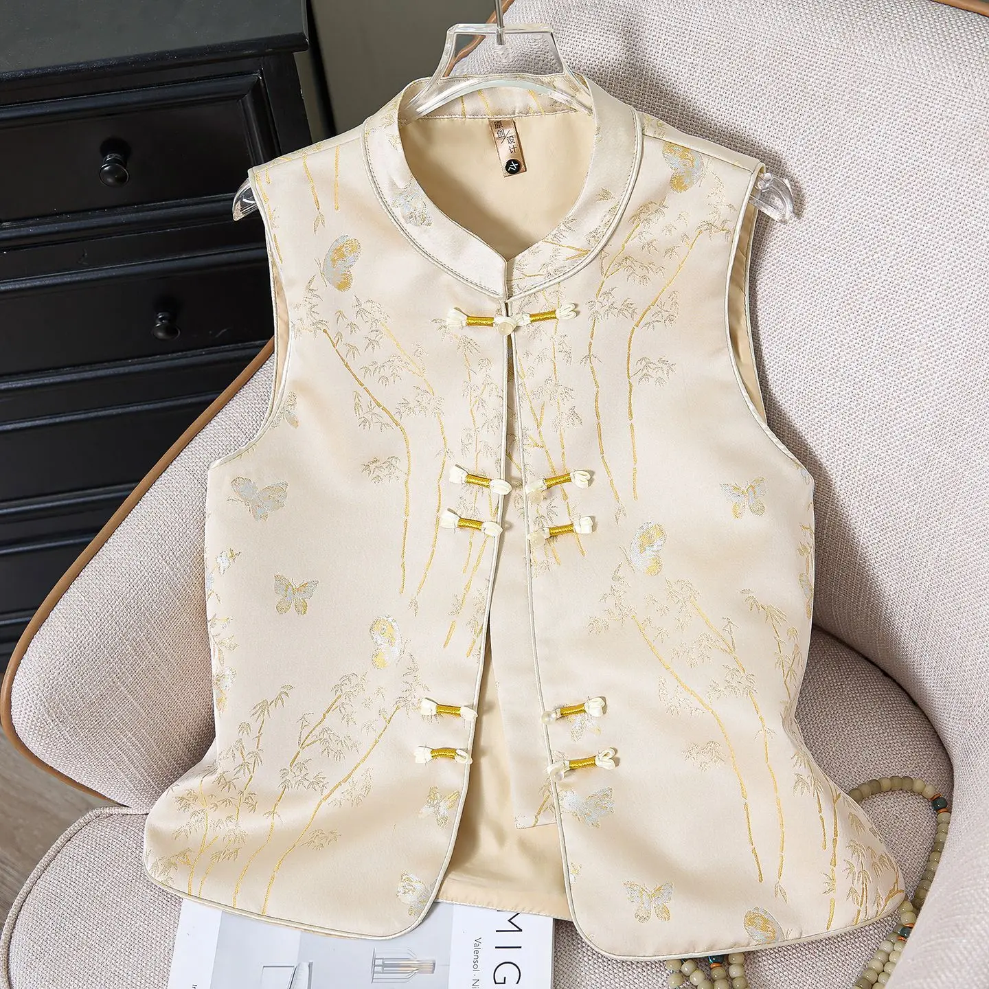 Chaqueta estilo mandarín de nuevo diseño con cuello alto, chaleco abotonado, chaleco bordado, abrigo rosa para mujer, color champán.