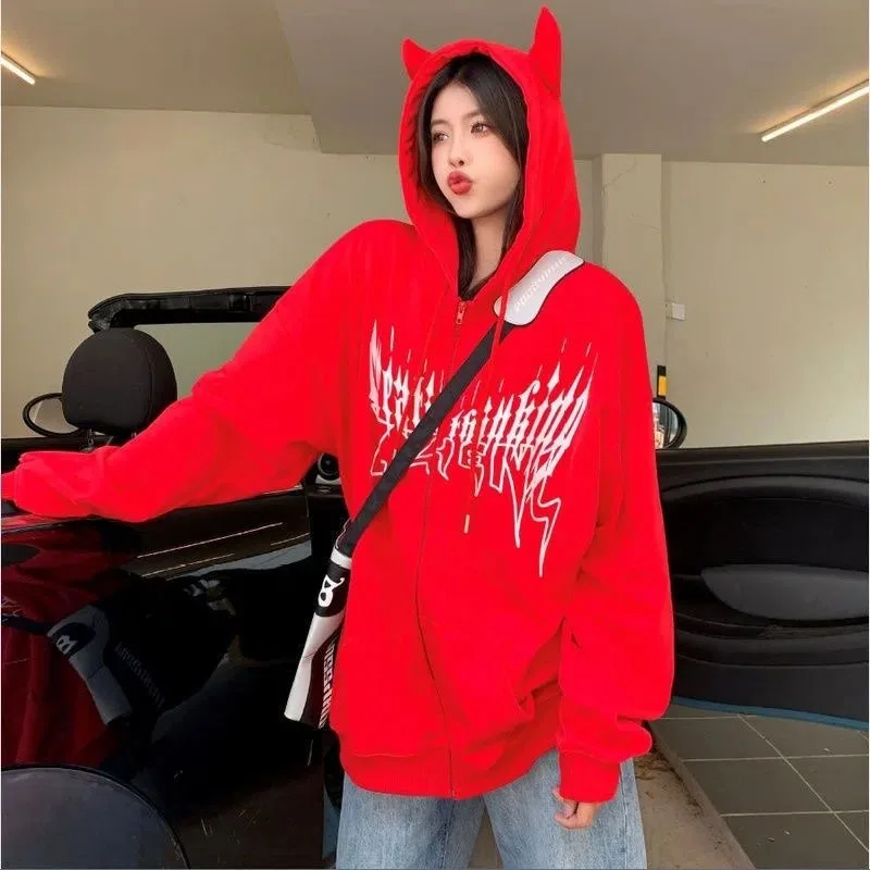 Print Hooded Sweatshirts Women Autumn Plus Velvet Thicker Little Monster Design Zip Up American Retro Hoodies Gothic High Street