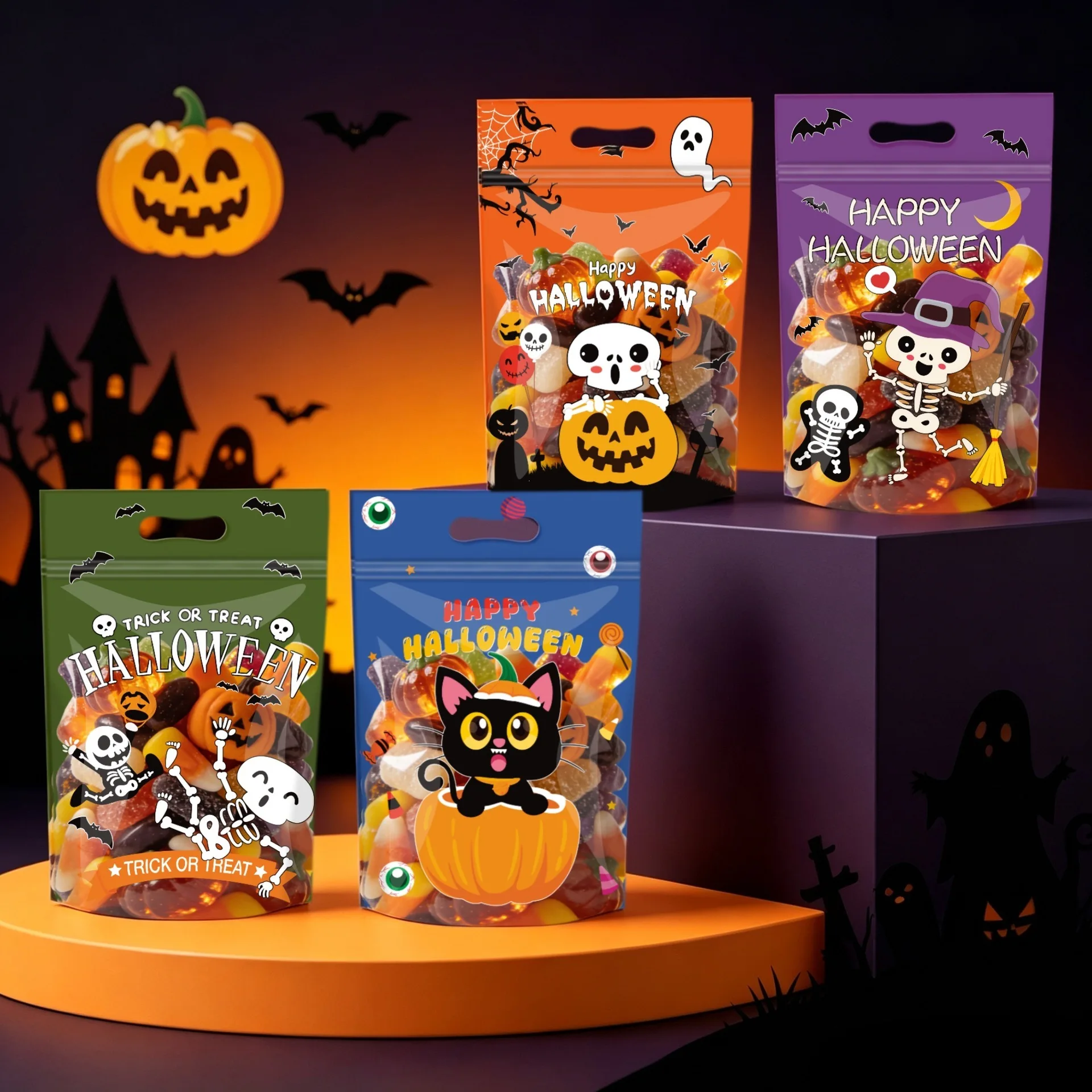 50Pcs Halloween Self Adhesive Candy Dessert Treat Bags Halloween Ziplock Treat Bags,Goodie Party Favor Supplies
