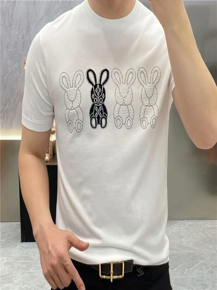 Summer Top Streetwear Social Club Outfits Slim T Shirt Men Knitting Rabbit Pattern Round Neck Tee Homme Camiseta Masculina