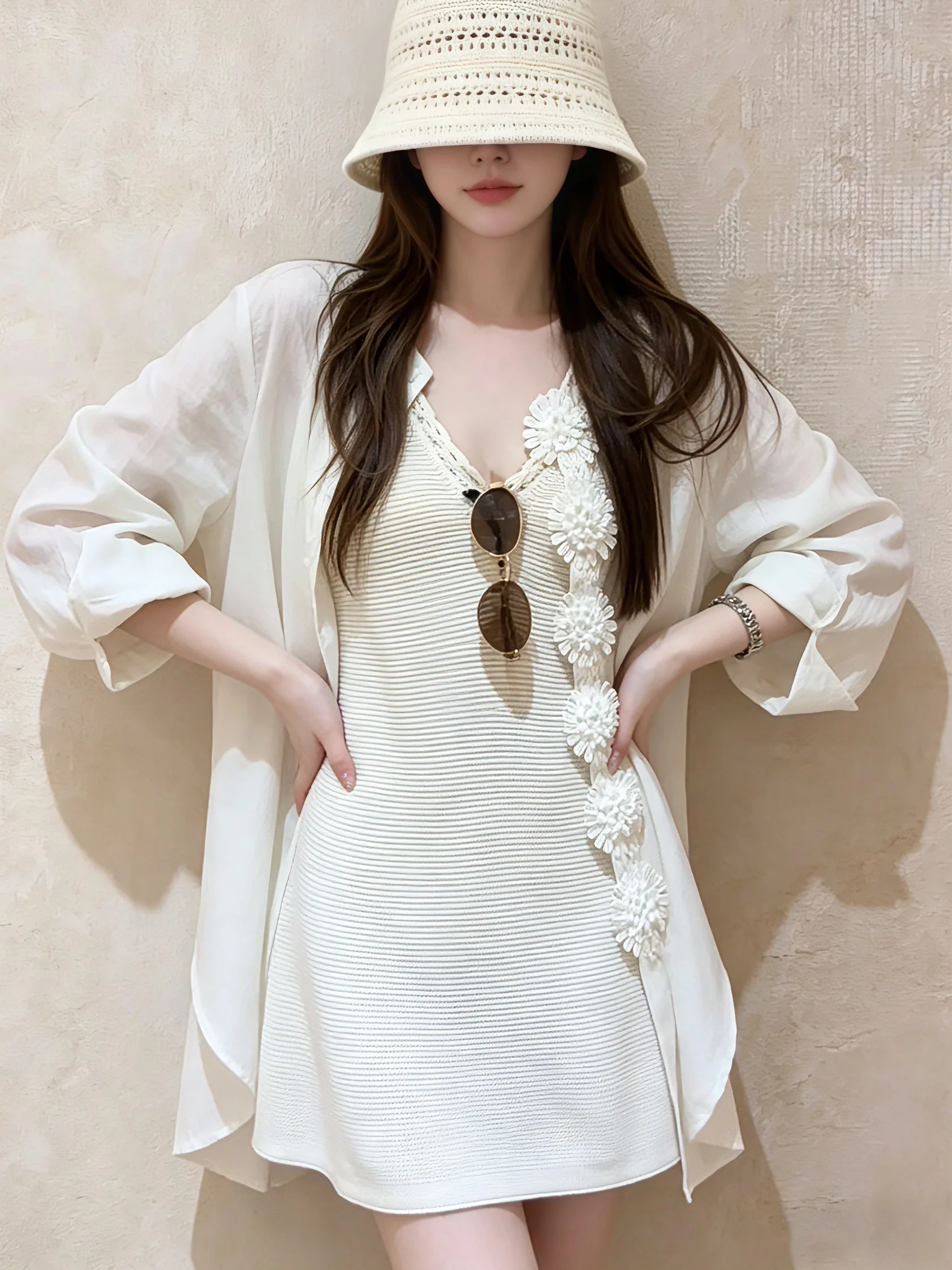 

Белое платье-рубашка с длинным рукавом и цветочным принтом, женский красивый комплект, весенний повседневный стиль, с завышенной талией, свободный крой, V-образный вырез, костюм-двойка