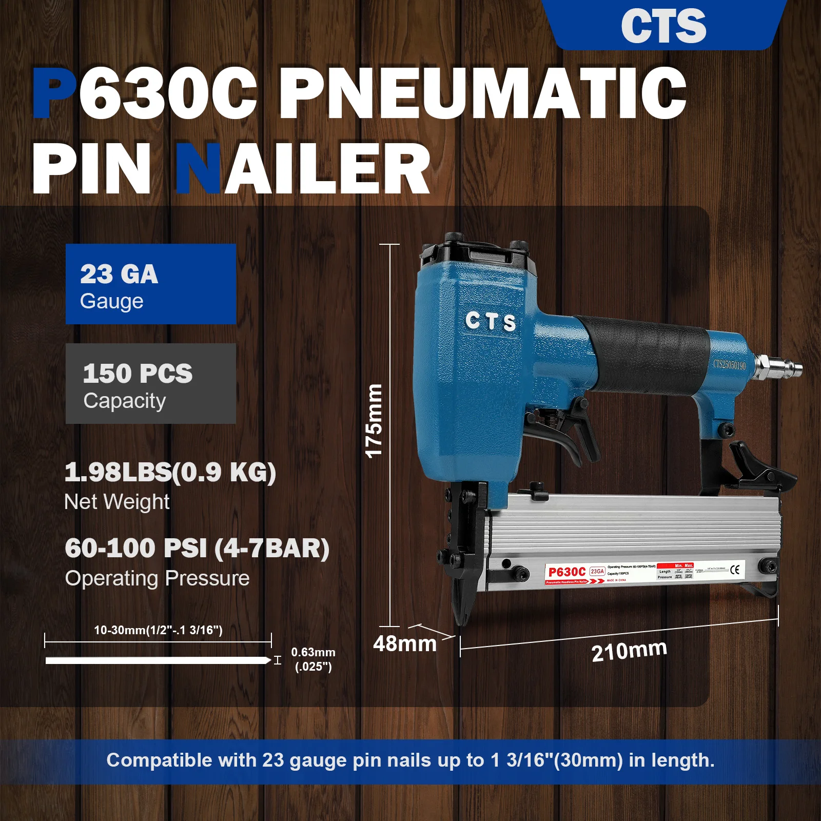 

CTS Pneumatic 23 Gauge Pin Nailer Accepts 3/8" to 1-3/16" Pin Nails, Headless Pin Nail Gun with Trigger Safety