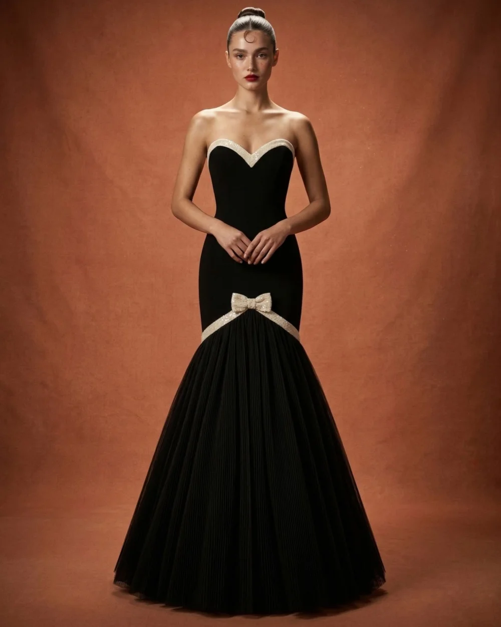 

Customized Modern Style Women Tulle Sequined Bow Mermaid Evening Dresses Fashion Sweetheart Sleeveless Floor Lenght Prom Dresses