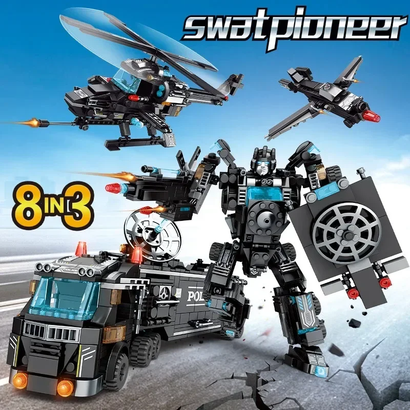 City Series Police Station SWAT Building Blocks Fighting Robot Helicopter Bricks Kit Educational Toys for Children Gifts