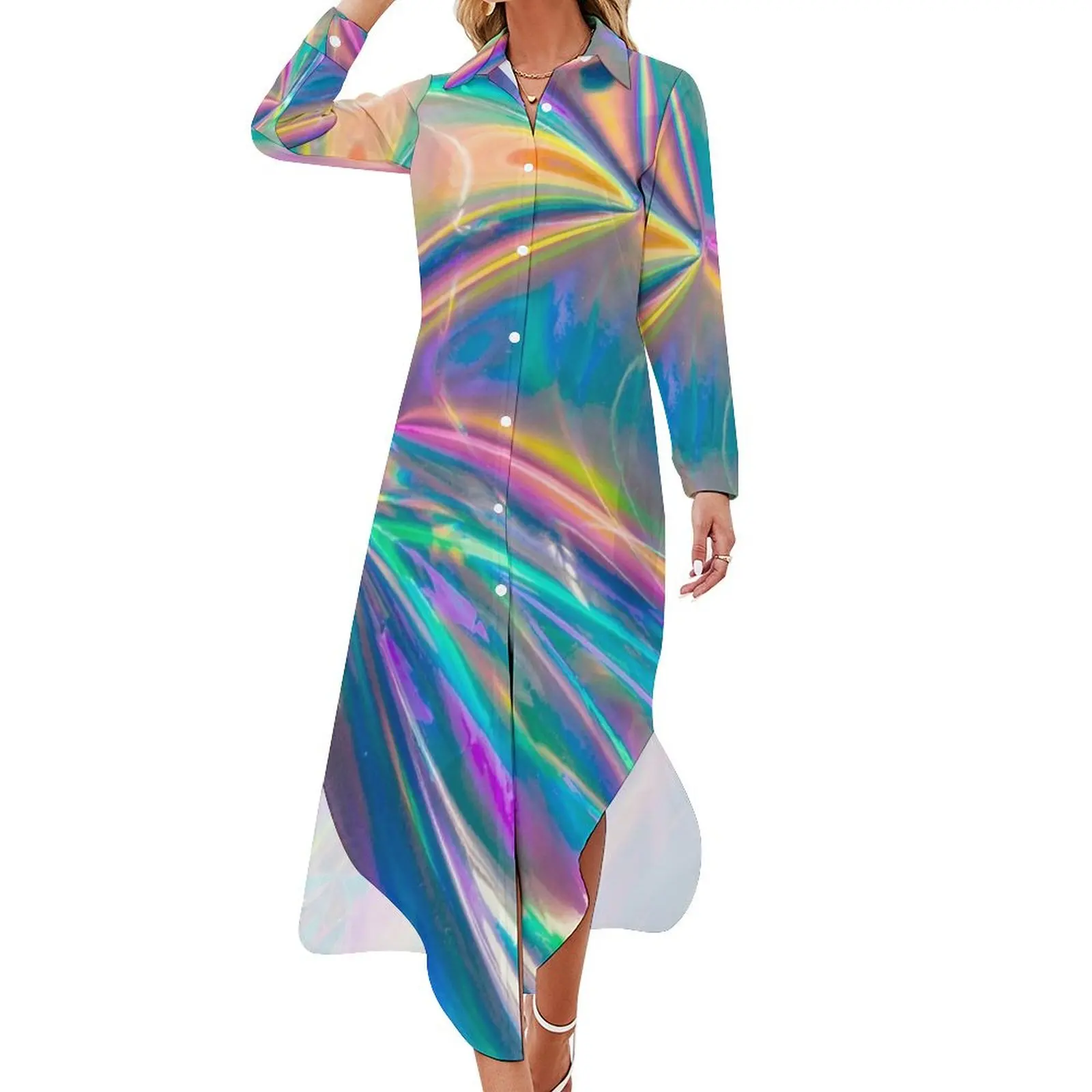 

Holographic Long Sleeved Shirt Dress purple dress elegant guest wedding dress beach dresses