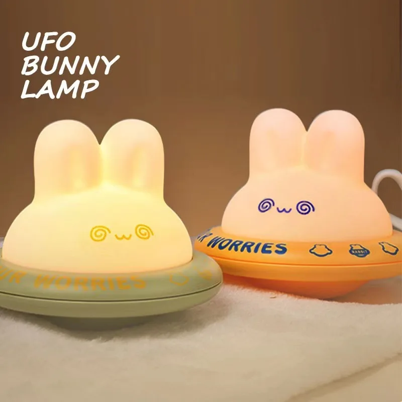 UFO Halo Rabbit Plastic Nightlight USB 3000K Warm Light Charging Dimming Timer Bedhead Companion Light Table Lamp Soft Cartoon