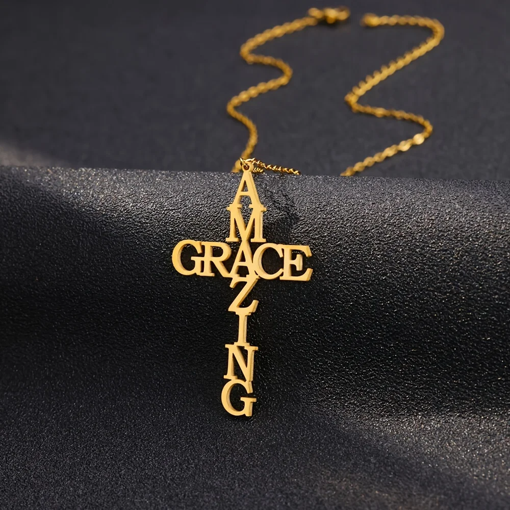 

Custom Name Christian Cross Faith Prayer Religious Pendant Necklace For Women Gold Color Stainless Steel Cross Name Necklace