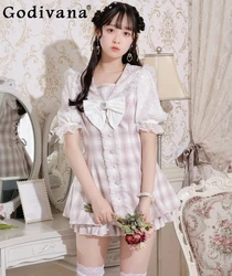 Japanese Mine Girl Sweet Y2k Lace Bow Pink Plaid Dress Shorts Set Two-piece Set Women Autumn Elegant Fashion Office Lady Outfits