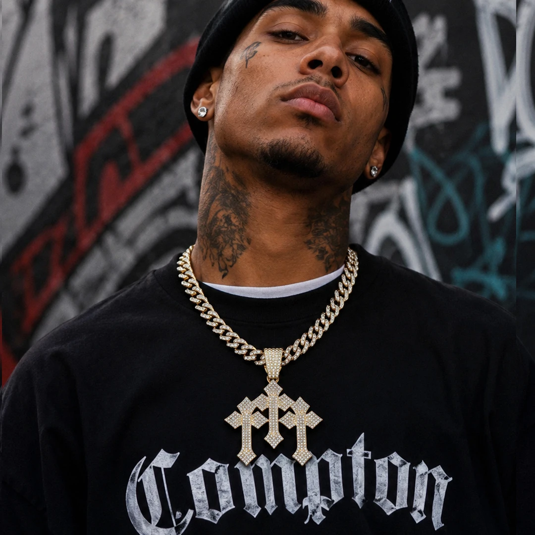 Iced Out Three Stacked Crosses Pendant Necklaces For Men Cuban Chain Hip Hop Cross Jewelry Gift