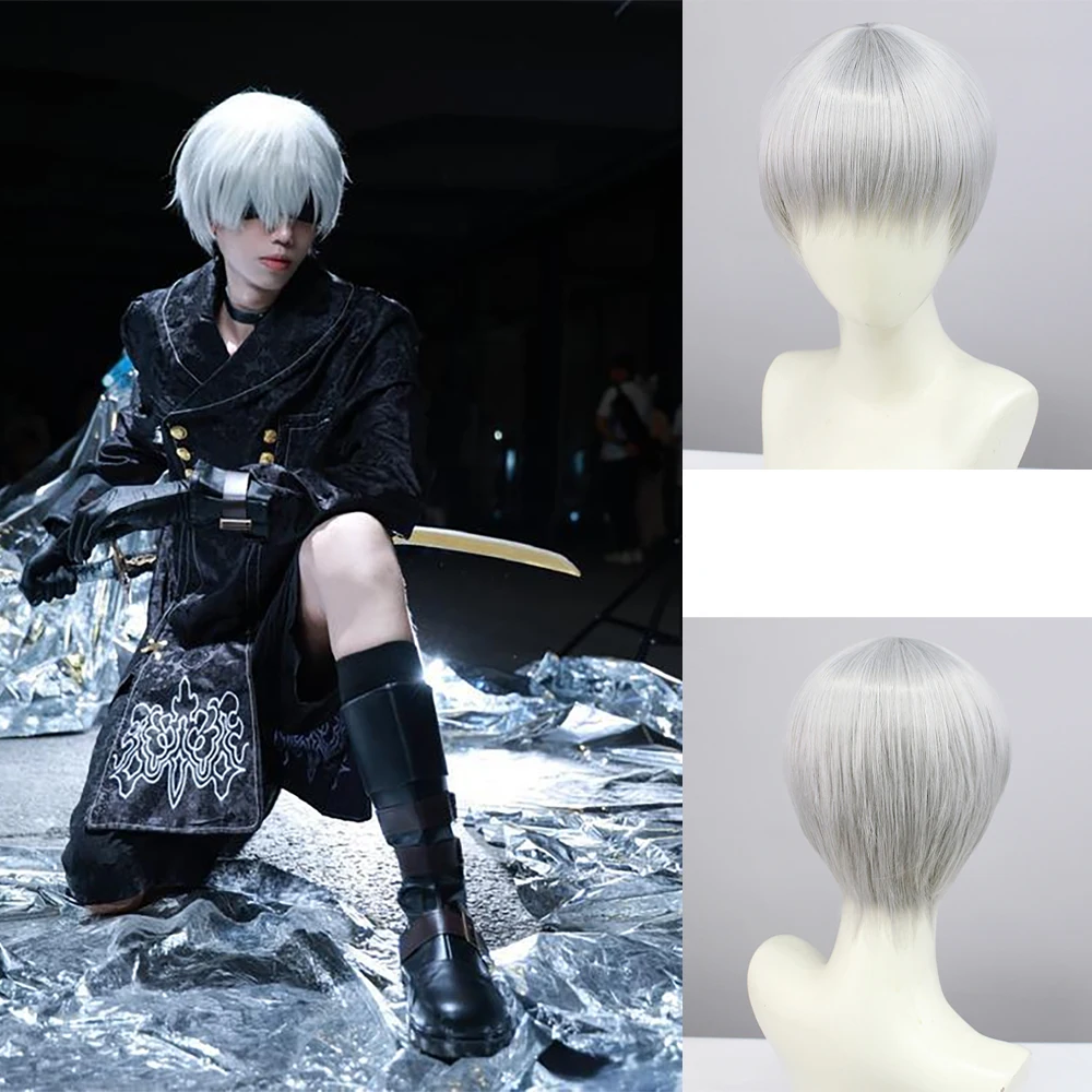 닐: 오토마타 2b/9s 애니메이션 코스프레 합성 머리 짧은 직모 할로윈 카니발 파티 애니메이션 고온 실크 가발