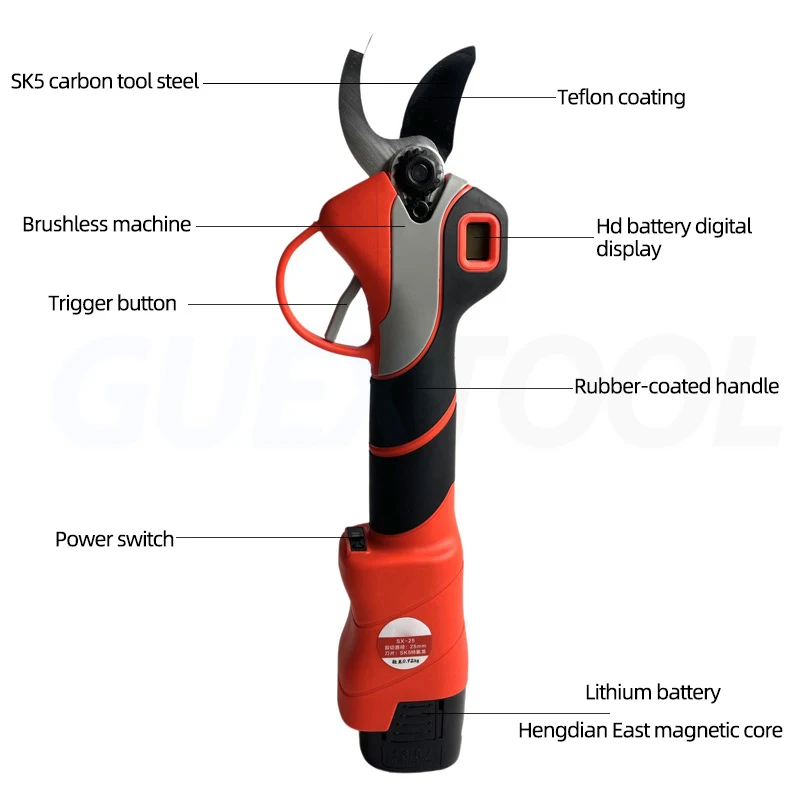 2.5CM Wireless Vegetable and Fruit Garden Charging Scissors Brushless Digital Display Tree Branch Lithium 16.8V Pruning Scissors