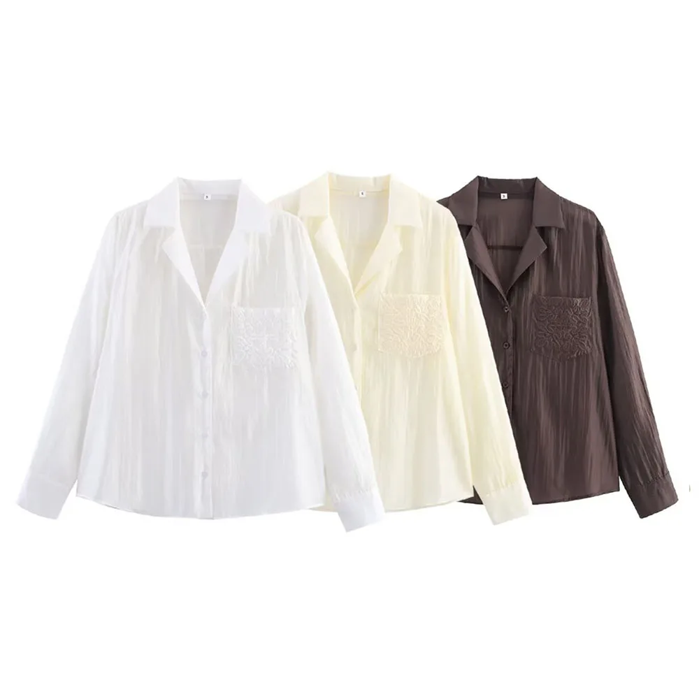 Herbst und Winter Neue Damenmode Vielseitiges dreifarbiges besticktes Taschendekorationshemd