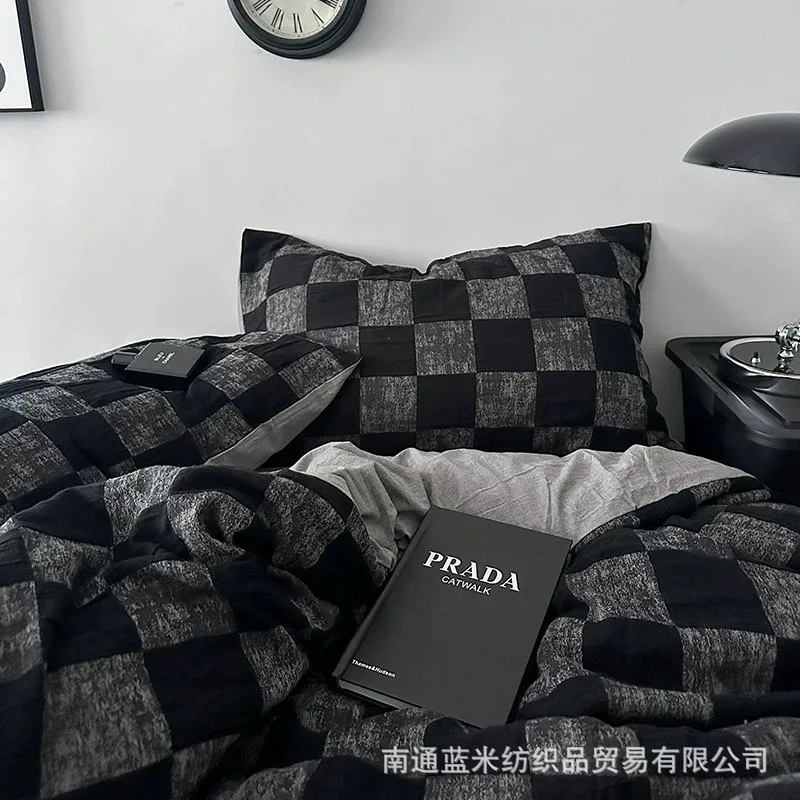 Ropa de cama, funda nórdica, sábanas, tablero de ajedrez, acabado cepillado lavado, juego de cuatro piezas para el hogar, juego de tres piezas para dormitorio