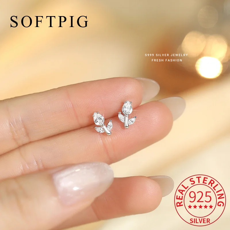 

SOFTPIG Real 925 Sterling Silver Sparkling Zircon Flower Mini Stud Earrings For Women Cute Fine Jewelry Exquisite Accessories