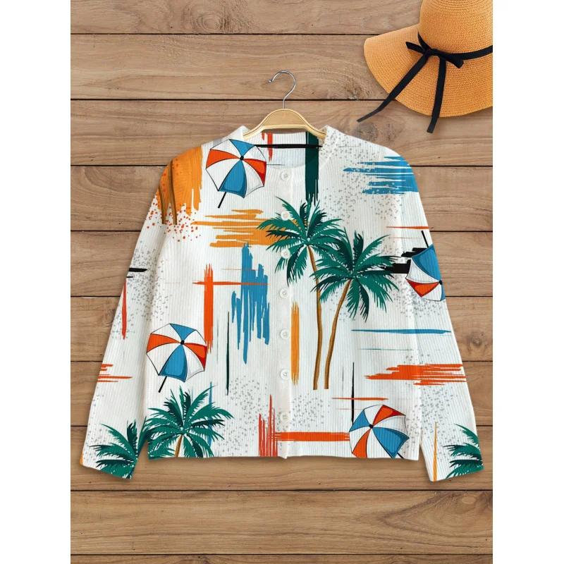 

Beach Coconut Tree Wave Digital Print Women’s Sweater Knit Cardigan Loose Fit Crew Neck Long Sleeve Button Thick Autumn Winter