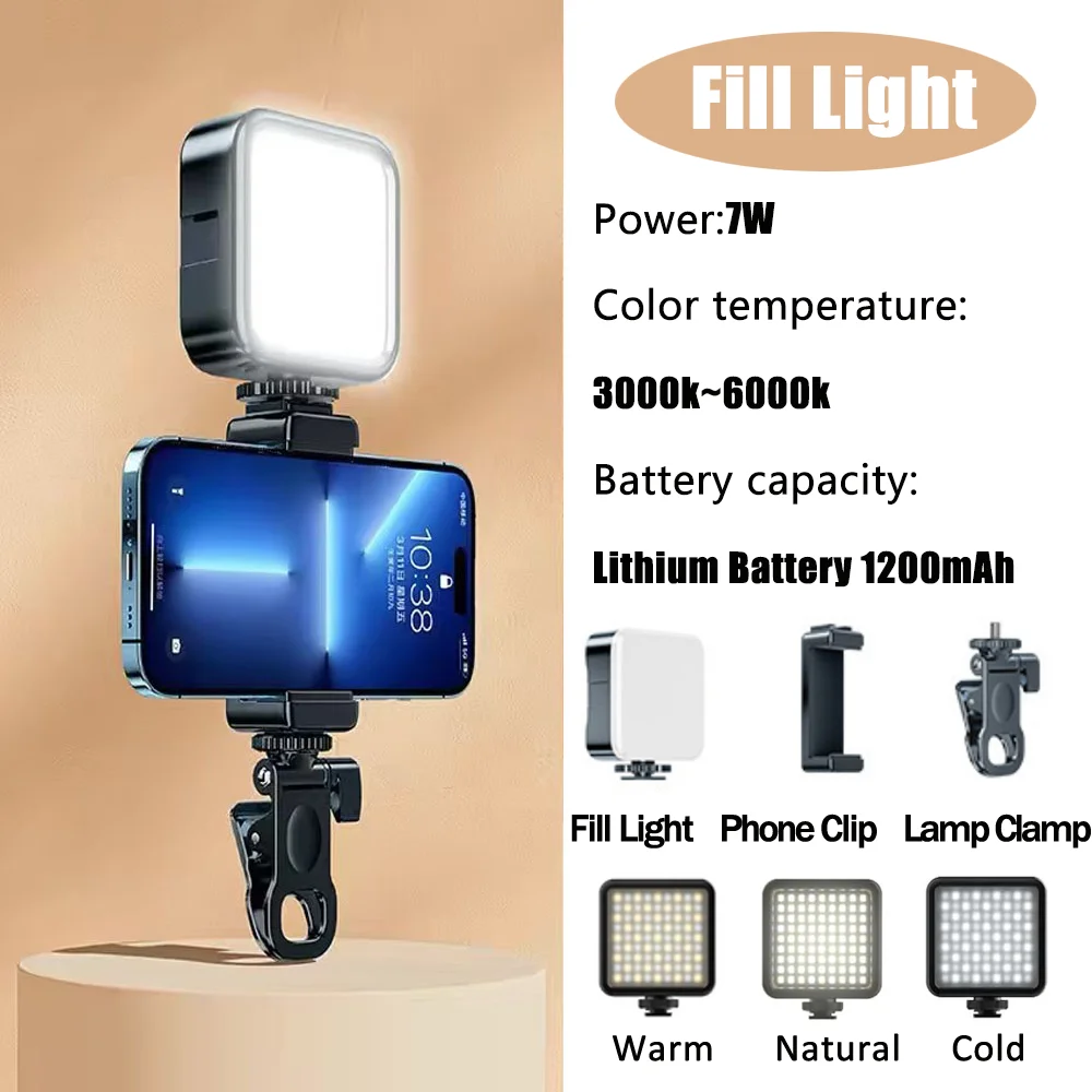 포켓 필 라이트 미니 LED 클립 비디오 라이트, 휴대용 카메라 사진, 6000K 컬러 조명, 카메라 캠코더 고프로용 차가운 조명