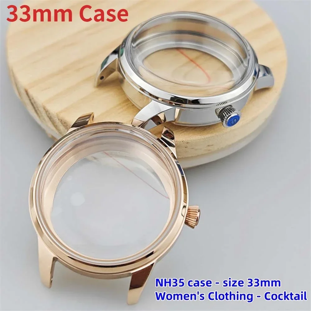 33mm Watch Case for NH35 Movement Modified Shell 316L Stainless Steel Silver/Rose Gold Case Arch Glass Mechanical Watch 5ATM