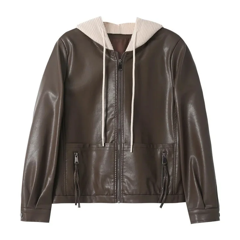 

Leather Jacket High-grade Hooded Leather Jacket Female Short Spring and Autumn Loose Fashion Joker Casual Leather Jacket Tide
