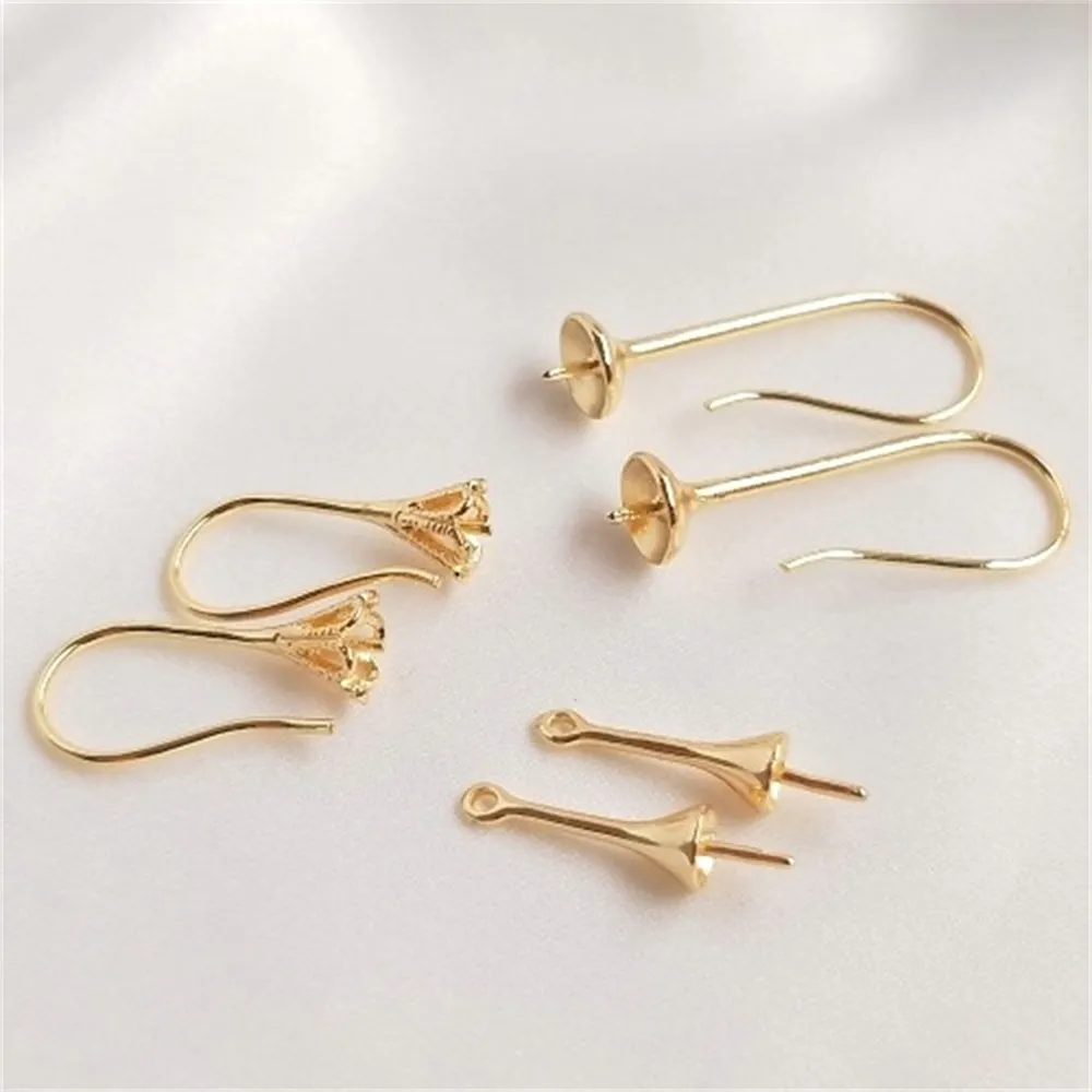 14K Gold Color Half Drilled Bead Needle Long Crystal Pearl Earring Hook Pendant Tray DIY Jewelry Making Material E021