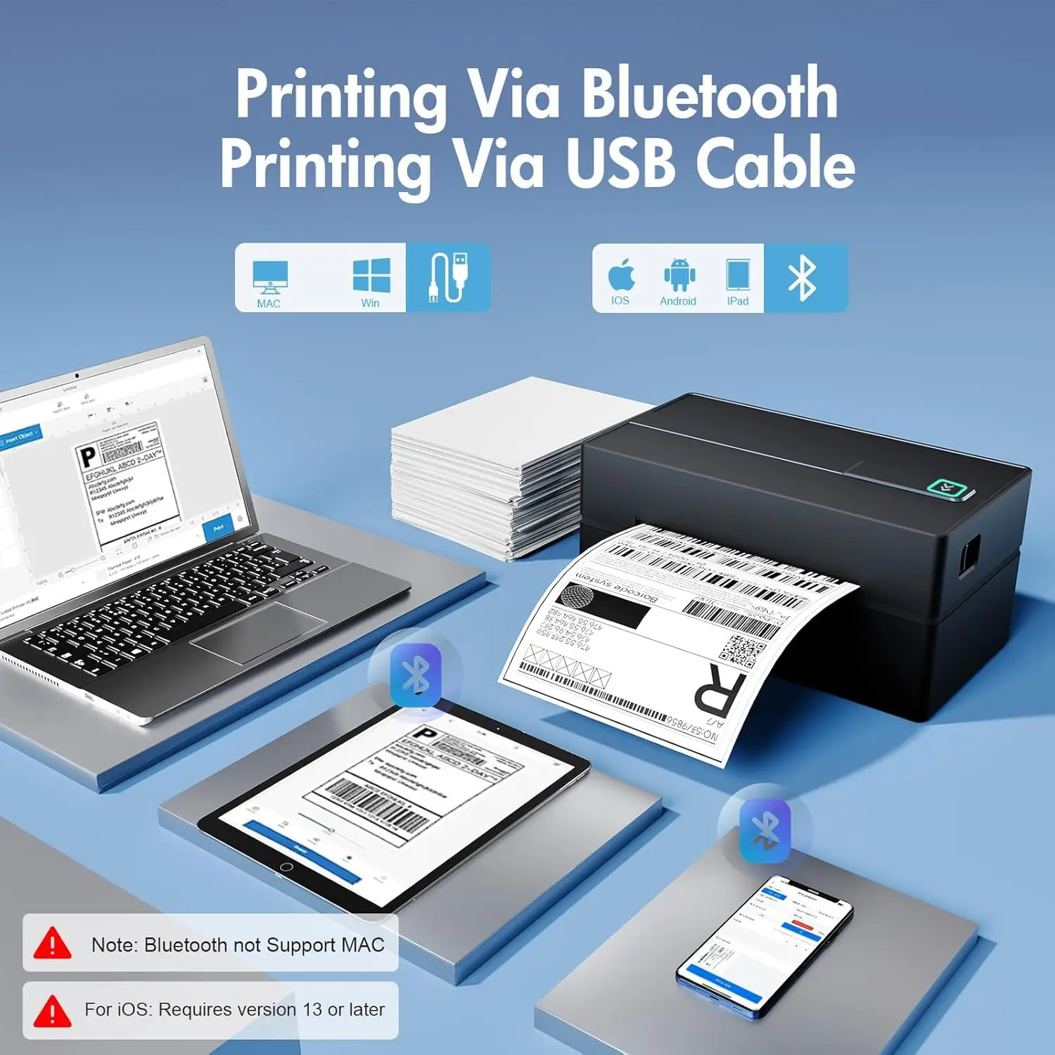 Bluetooth 4x6 shipping label thermal printer compatible with Android iPhone Windows Mac Amazon Ebay UPS USPS FedEx Shopify