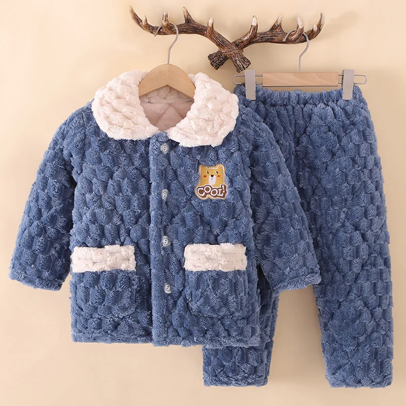 

Kids Winter Thicken Warm Flannel Pajamas Sets Cartoon Bear Lapel Cotton-Padded Sleepwear Homewear Boys Girls Casual Pyjamas