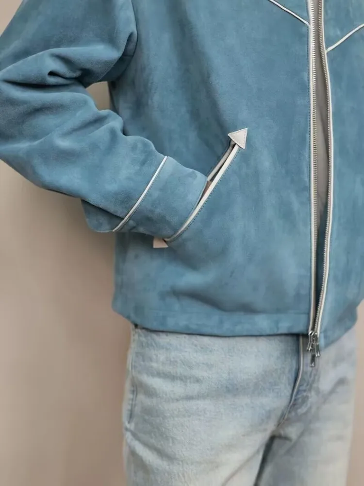 Luxury Mens Sheepskin Suede Jacket Zipper Turndown Collar Genuine Leather Short Jackets Loose Fashion Casual Outerwear Coats view 5