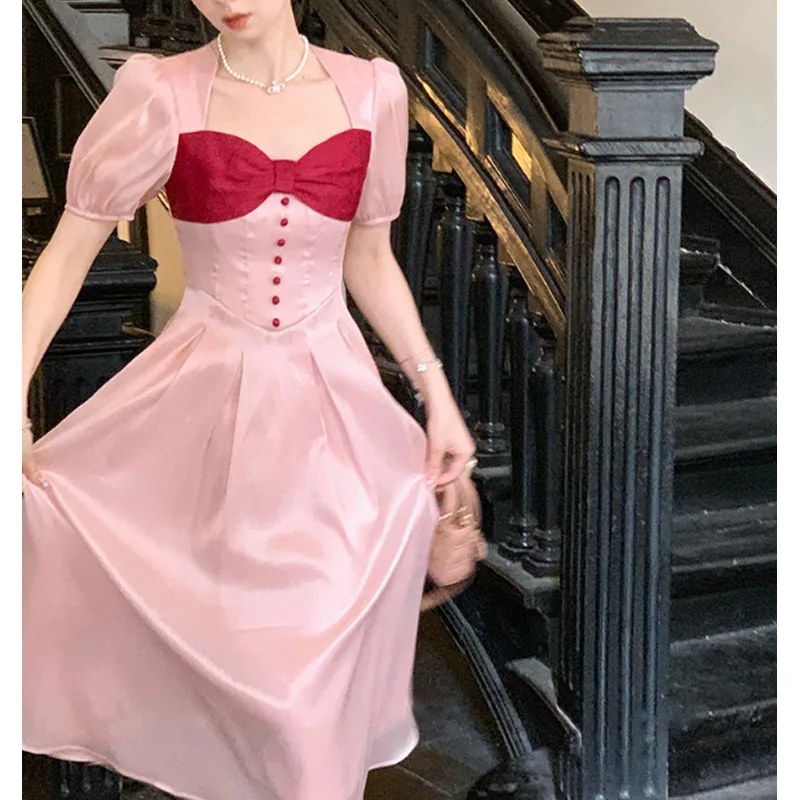 

Vintage Elegant Princess Style Dresses Women Square Collar Puff Sleeve Evening Party Bow Dresses Korea Sweet One-Piece Dress New