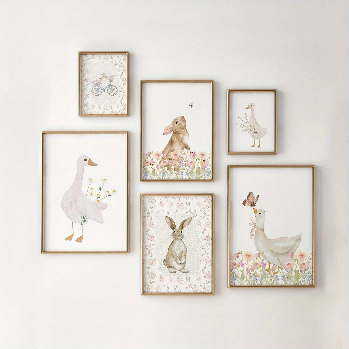 6-Piece Retro Cute Room Art Print Set (Frameless Canvas Poster) – Sweet Bunny and Goose Wall Decor, Adorable Home Aesthetics