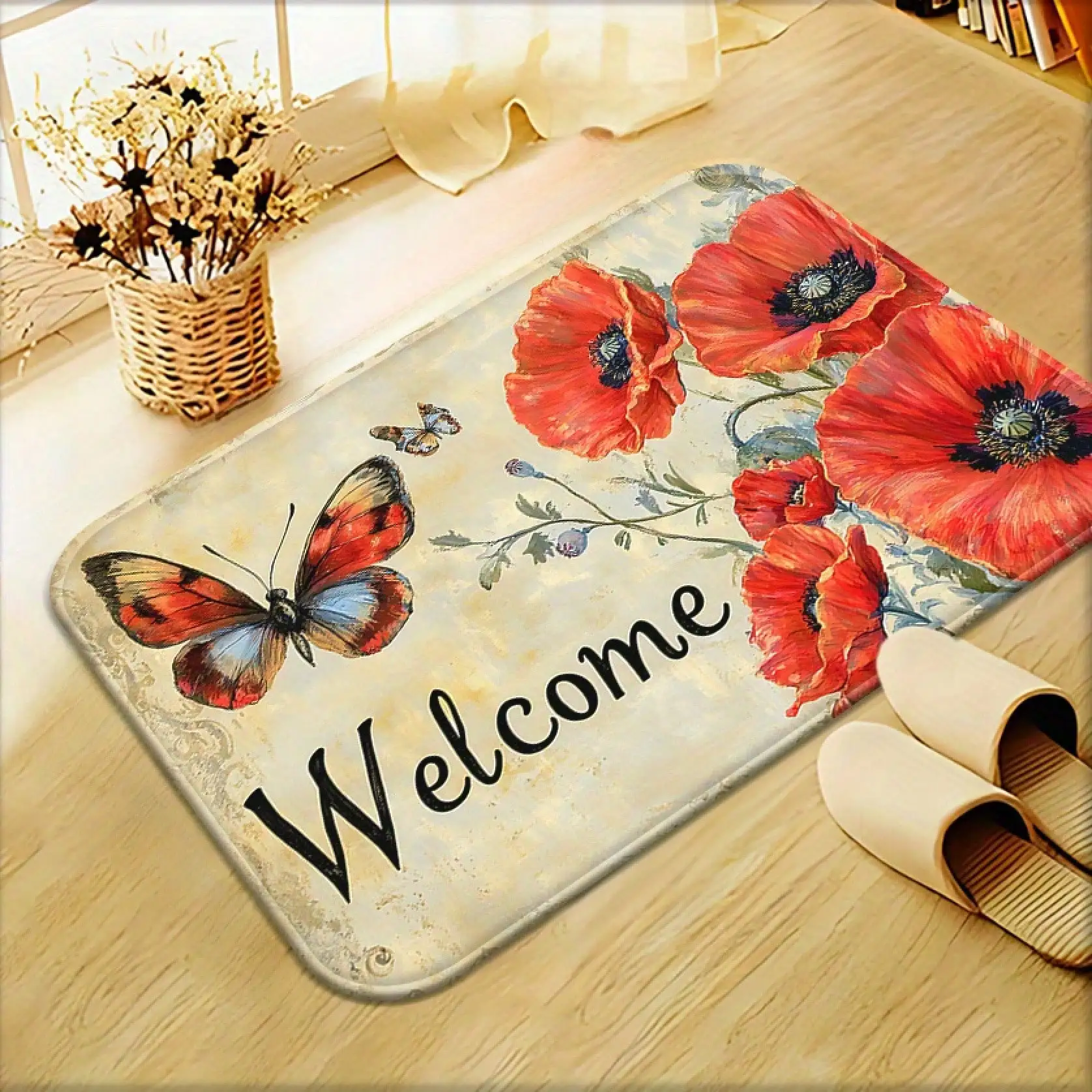 1pc Poppy Flowers Door Mat, Non-Slip Bathroom Floor Mat, Microfiber Absorbent Washable Polyester Rug For Bedroom, Living Room Entrance