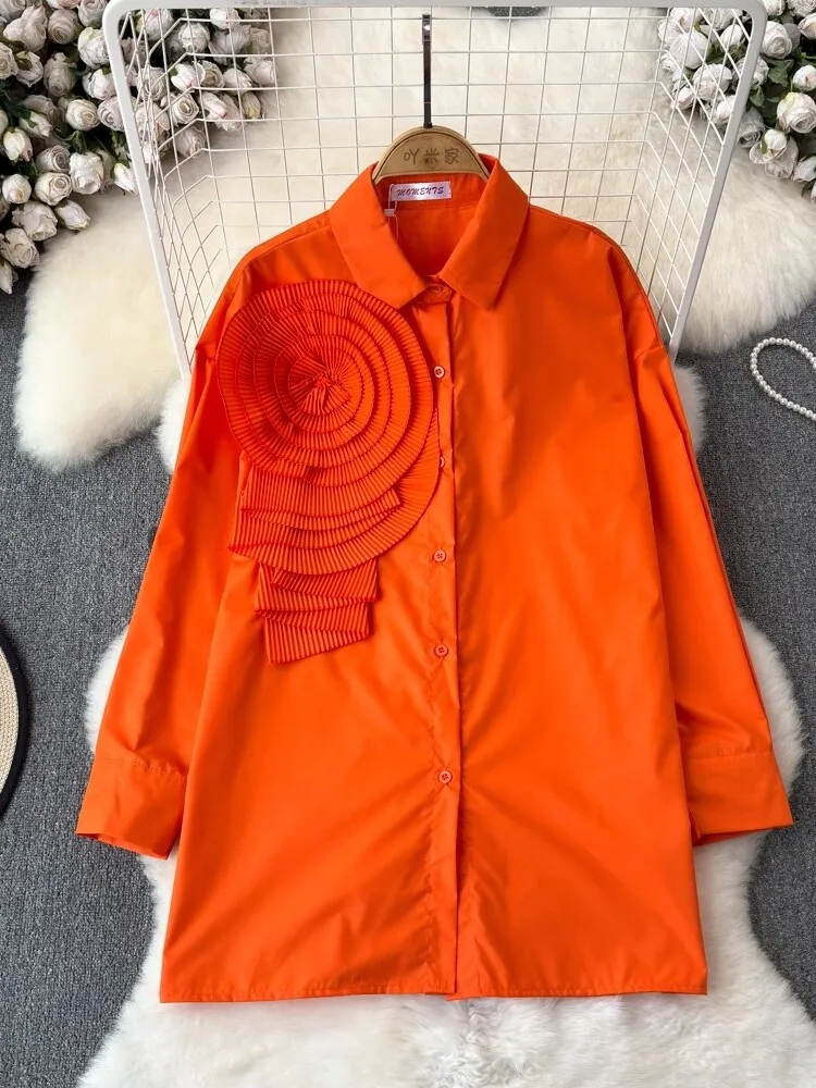 

Ele Large Flower Print Loose Long Sve irt Women's Spring Summer Casual Vintage Sle Fitted Design irt