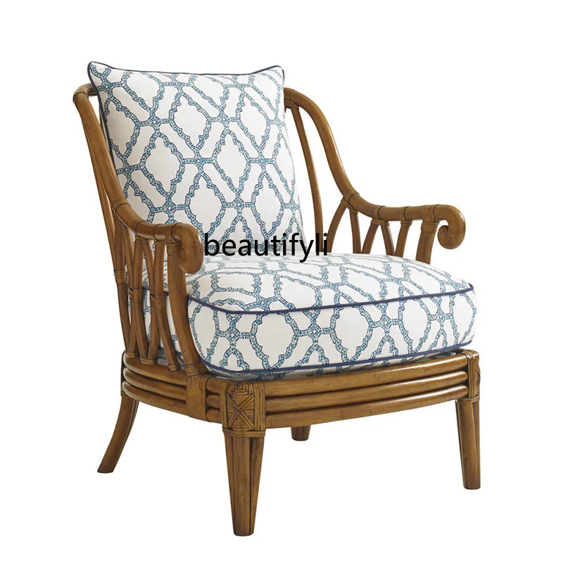 American Modern Southeast Asia Bamboo Rattan Solid Wood Single Sofa Living Room Courtyard Rattan Chair Balcony Chair Step