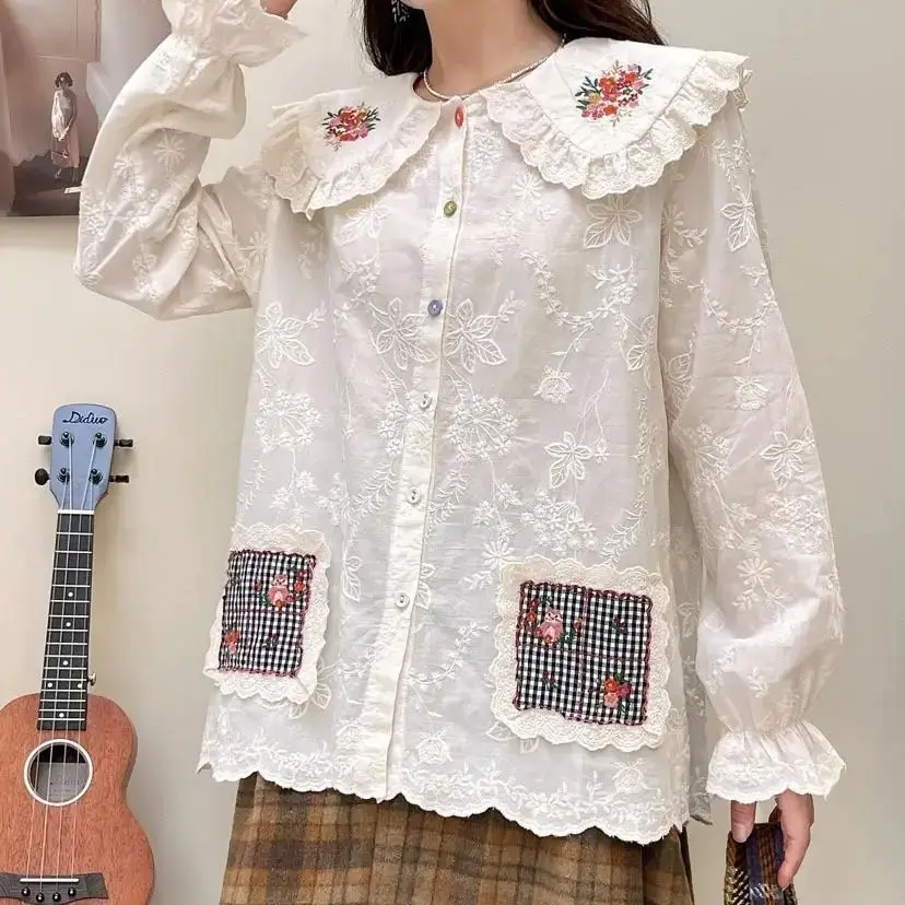 Japan Style Sweet Mori Kei Girls Loose Lace Patchwork Cotton Shirts/Blouses Women Cartoon Embroidery Blouses Tops Female