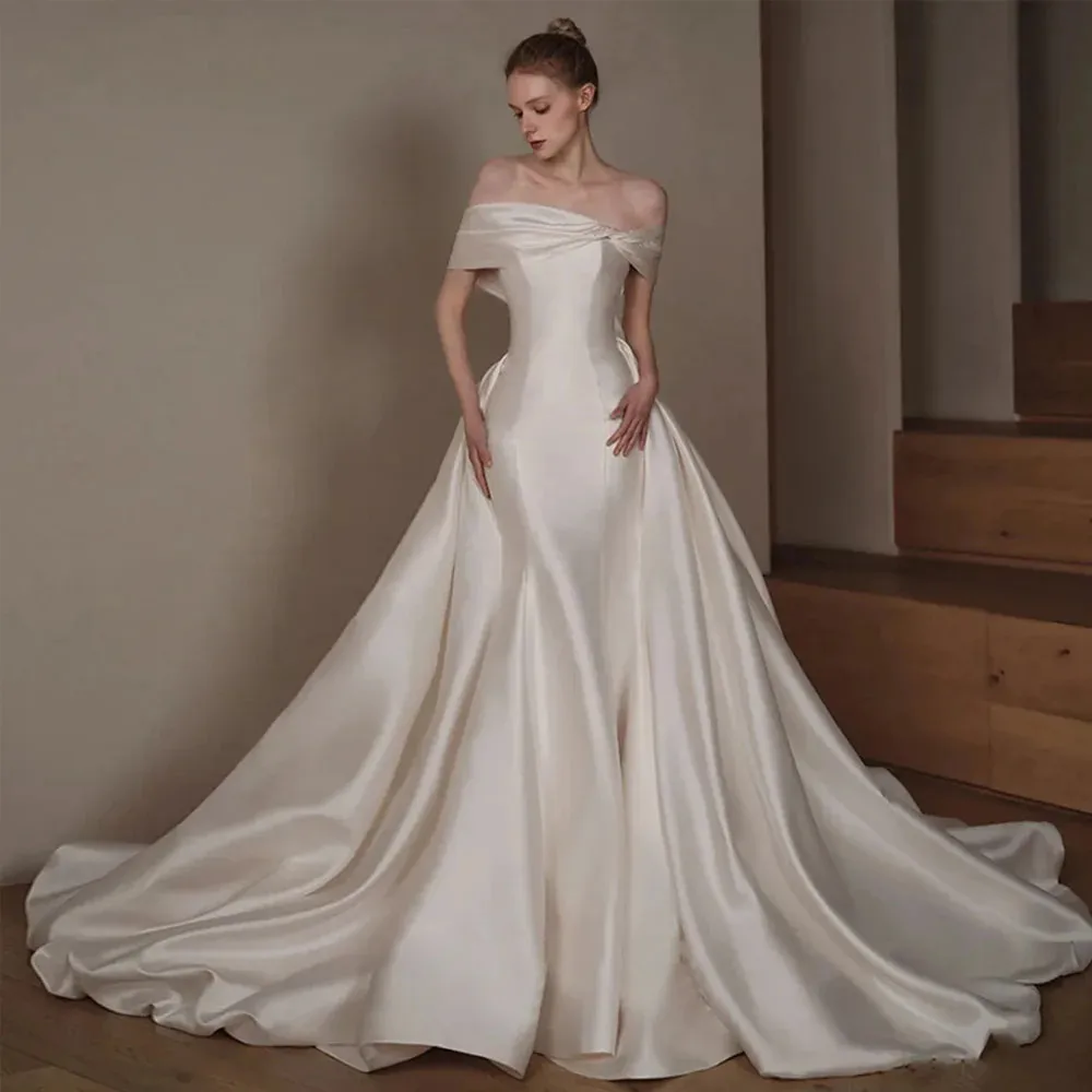 Off-Shoulder Wedding Dresses for Women Short Sleeve Satin Ball Gown Sweep Train Modern Robe De Mariée Custom Made Bridal Dresses
